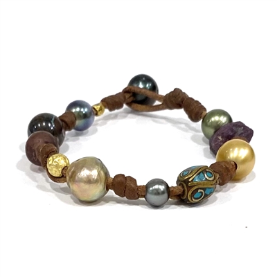 Fine Pearls and Leather Jewelry by Designer Wendy Mignot Pearl and Precious Stones Gypsy Bracelet