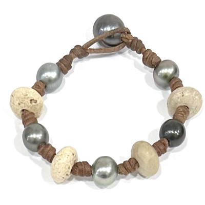 photo of Wendy Mignot Italian Coral and Tahitian Pearl and Leather All Around Bracelet