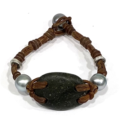 photo of Wendy Mignot Tahitian Pearl and Leather with Tennessee River Rock Louis Bracelet with Sterling Silver Accents