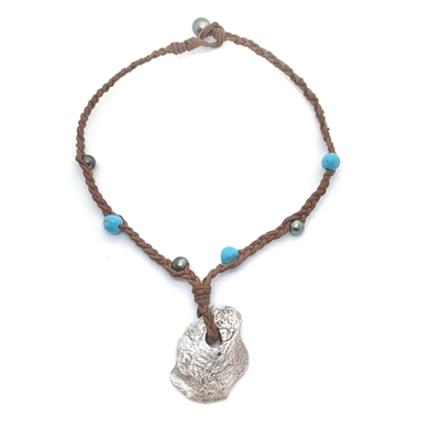 Fine Pearls and Leather Jewelry by Designer Wendy Mignot Concepcion Silver Shipwreck Coin, Tahitian and Turquoise Necklace 18"