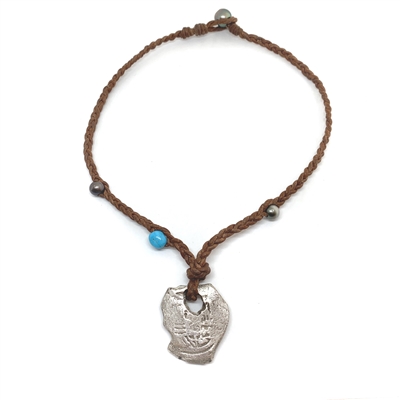 Fine Pearls and Leather Jewelry by Designer Wendy Mignot Concepcion Silver Shipwreck Coin, Tahitian and Turquoise Necklace 18"