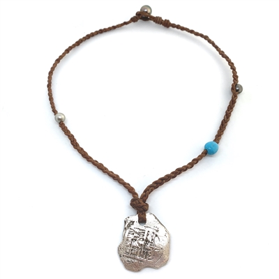 Fine Pearls and Leather Jewelry by Designer Wendy Mignot Concepcion Silver Shipwreck Coin, Tahitian and Turquoise Necklace 20"