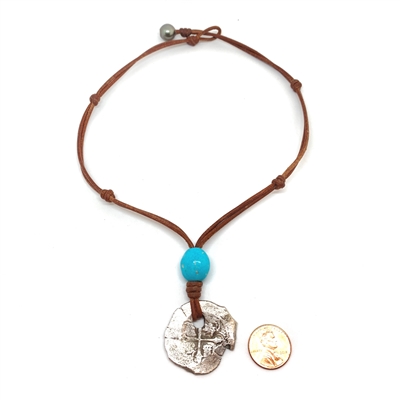 Fine Pearls and Leather Jewelry by Designer Wendy Mignot Concepcion Silver Shipwreck Coin, Turquoise Saba Necklace