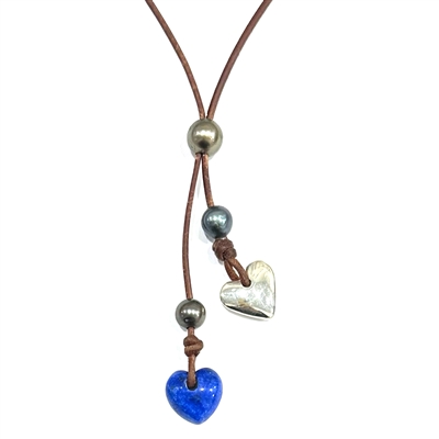 photo of Wendy Mignot Lapis and Silver Heart with Tahitian Pearl and Leather Adjustable Slider Necklace