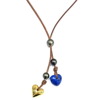 photo of Wendy Mignot Lapis and Gold Plate Heart with Tahitian Pearl and Leather Adjustable Slider Necklace