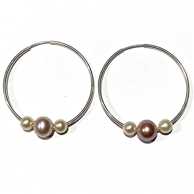 photo of Wendy Mignot Silver Three Pearl Hoop Earrings - White, Pink, White