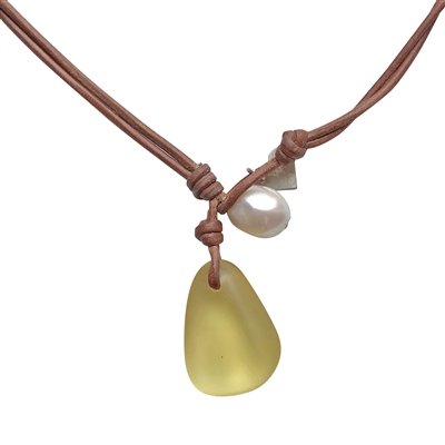 Fine Pearls and Leather Jewelry by Designer Wendy Mignot | Coastline Anagada Zara Yellow Sea Glass Necklace