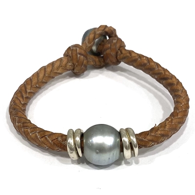 Austin Tahitian Pearl and Leather Bracelet with Sterling Silver Accents by Wendy Mignot