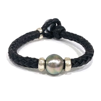 Austin Tahitian Pearl and Leather Bracelet with Sterling Silver Accents by Wendy Mignot