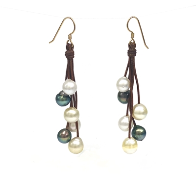 Tahitian and South Sea Pearl and Leather Six Drop Earrings