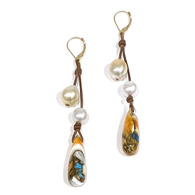Orange Oyster Shell  and South Sea White Pearl and Leather Earrings