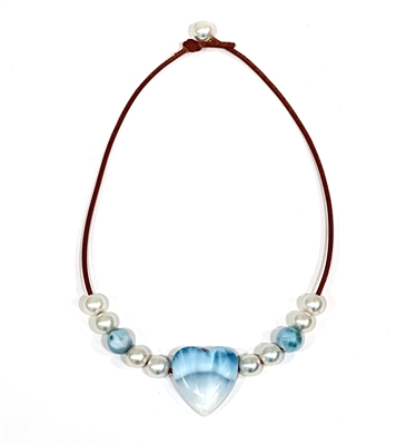 photo of Wendy Mignot Freshwater Pearl and Leather Necklace with Larimar Heart