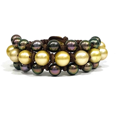 Aubergine Tahitian and South Sea Gold  Pearl and Leather Beltway Bracelet by Wendy Mignot