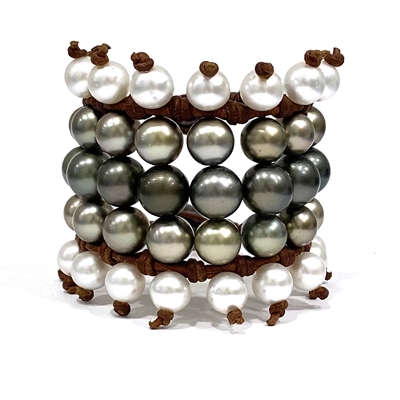 Tahtitian and South Sea Pearl and Leather Five Level Cuff Bracelet