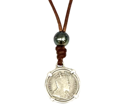 photo of Wendy Mignot Sri Lanka Coin and Tahitian Pearl and Leather Necklace