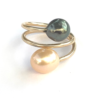 Ohana Tahitian and Freshwater Pearl Double Wrap 14k Gold Filled Ring