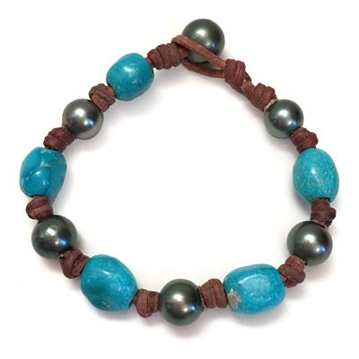 photo of Wendy Mignot All Around Tahitian Pearl and Leather with Turquoise Bracelet LTD