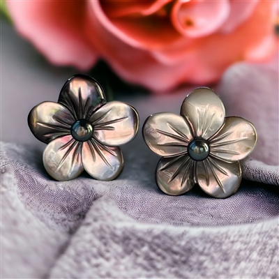 Fine Pearls and Leather Jewelry by Designer Wendy Mignot Hibiscus Pinctada Flower and  Tahitian Pearl Stud Earrings