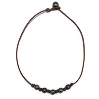 photo of Wendy Mignot Breezy Five Pearl Tahitian Pearl and Leather Necklace with knots