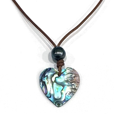 photo of Wendy Mignot Abalone Shell Heart and Tahitian Pearl and Leather Love Saba Necklace
