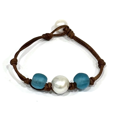 photo of Wendy Mignot Blue Mountain Beach Aqua Sea Glass and Pearl and Leather Bracelet