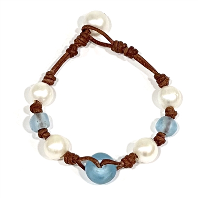 photo of Wendy Mignot Grayton Beach Freshwater Pearl and Leather with Sky Blue Sea Glass Bracelet
