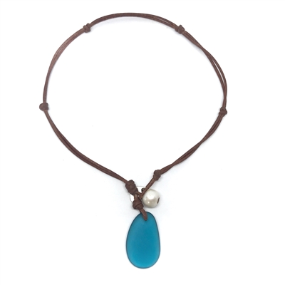 Fine Pearls and Leather Jewelry by Designer Wendy Mignot | Coastline Anegada Aqua Blue Sea Glass Necklace