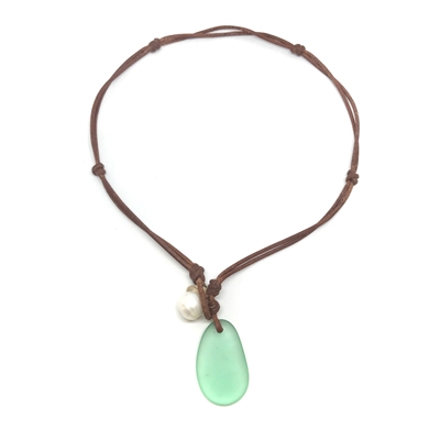 Fine Pearls and Leather Jewelry by Designer Wendy Mignot | Coastline Anegada Green Sea Glass Necklace