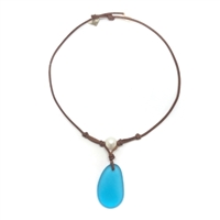 Fine Pearls and Leather Jewelry by Designer Wendy Mignot | Coastline Grove Aqua Blue Sea Glass Necklace