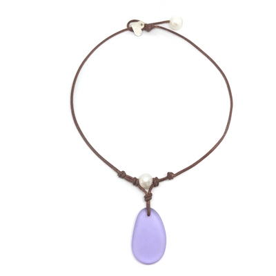 Fine Pearls and Leather Jewelry by Designer Wendy Mignot | Coastline Grove Violet Sea Glass Necklace