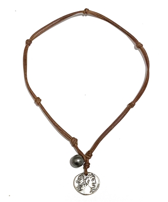 photo of Wendy Mignot Ancient Egyptian Ashkelon Silver Coin Replica with Tahitian Pearls and Leather Necklace