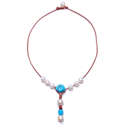 photo of Wendy Mignot Watercolor Freshwater Pearl and Leather Necklace with Turquoise