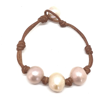 photo of Wendy Mignot Daisy Three Pearl Freshwater Pearl and Leather Bracelet with Knots Blush