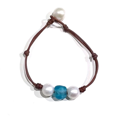 Fine Pearls and Leather Jewelry by Designer Wendy Mignot Coastline Daisy Freshwater Pearl Bracelet with Ocean Blue Glass Bead