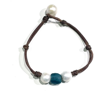 Fine Pearls and Leather Jewelry by Designer Wendy Mignot Coastline Daisy Freshwater Pearl Bracelet with Ocean Blue Glass Bead