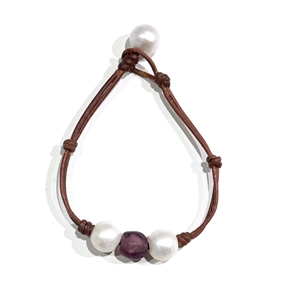photo of Wendy Mignot Coastline Daisy Freshwater Pearl and Leather Bracelet with Purple Glass Bead