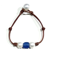 photo of Wendy Mignot Coastline Daisy Freshwater Pearl and Leather Bracelet with Royal Blue Glass Bead