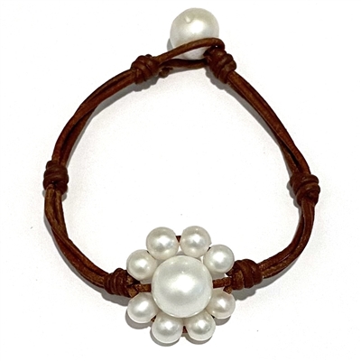 photo of Wendy Mignot Sunflower Freshwater Pearl and Leather Bracelet-White