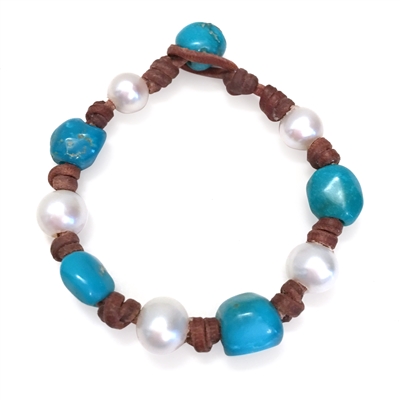 Fine Pearls and Leather Jewelry by Designer Wendy Mignot All Around Freshwater, Turquoise Bracelet LTD