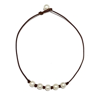 photo of Wendy Mignot Breezy Five Pearl Freshwater Pearl and Leather Necklace White with Knots