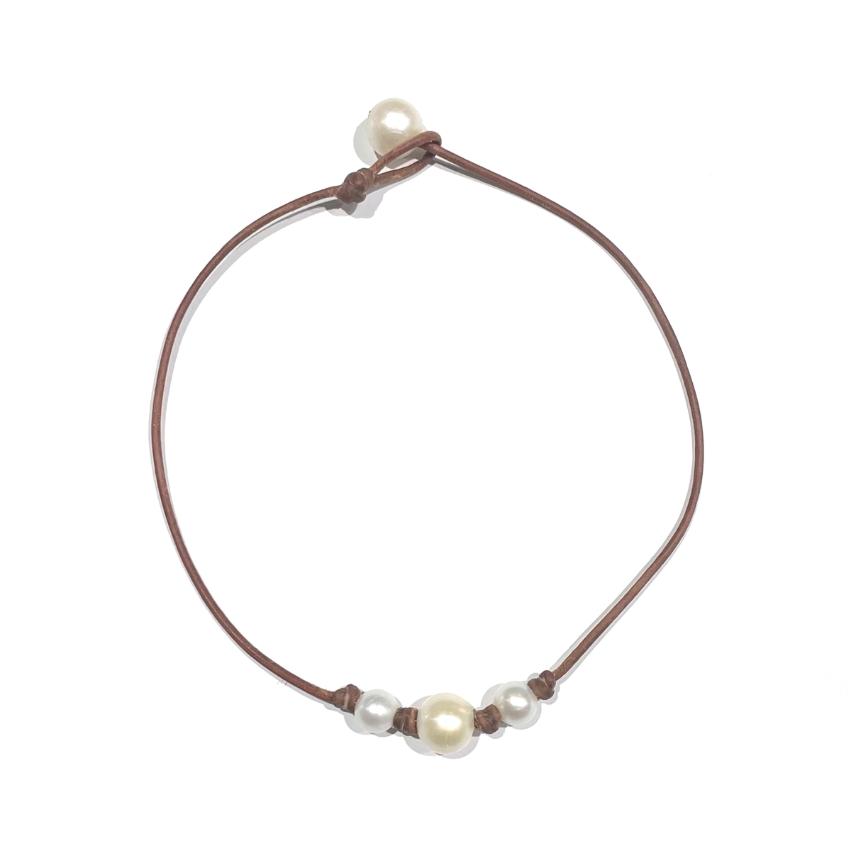 3 White Freshwater Pearl and Leather Necklace