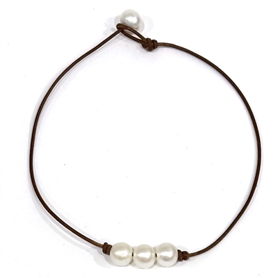 photo of Wendy Mignot Baby Daisy Three Pearl Freshwater Pearl and Leather Necklace White