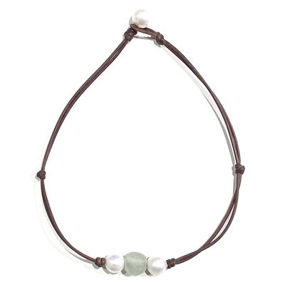 Coastline Daisy Freshwater Pearl and Leather Necklace with Mint Green Bead by designer Wendy Mignot