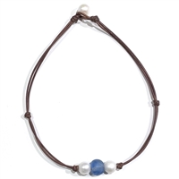 photo of Wendy Mignot Coastline Daisy Freshwater Pearl and Leather Necklace with SKY Blue Bead