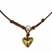photo of Wendy Mignot Heart & Soul Freshwater Pearl and Leather with Gold Heart Grove Necklace