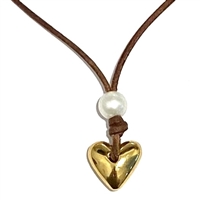 photo of Wendy Mignot Heart & Soul Freshwater Pearl and Leather with Gold Heart Saba Necklace