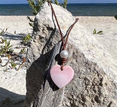 photo of Wendy Mignot Conch Shell Heart and Freshwater Pearl and Leather Love Saba Necklace