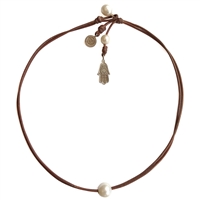 photo of Wendy Mignot Signature OM Hamsa Pearl and Leather Necklace