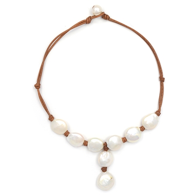 Fine Pearls and Leather Jewelry by Designer Wendy Mignot Stoplight Freshwater Necklace White