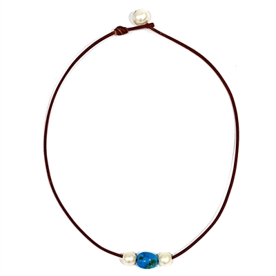 photo of Wendy Mignot Freshwater Pearl and Leather with Turquoise Necklace